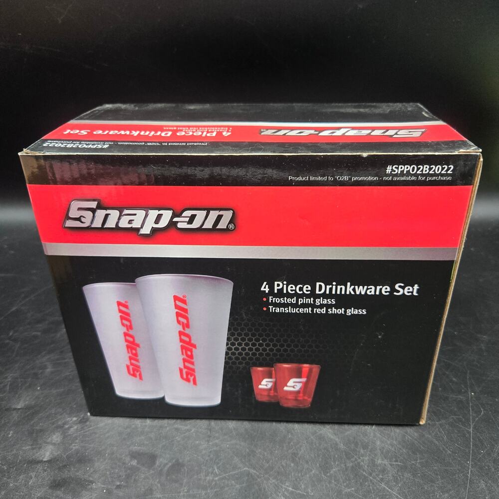 Snap-on 4 Piece Drinkware Set Frosted Pint Glasses Shot Glasses Promo New
